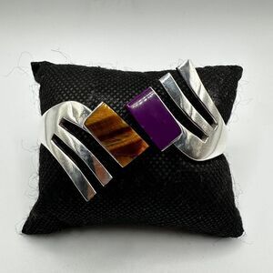 Vintage Sugilite‎ and Tiger's Eye TAXCO sterling silver clamp bracelet!